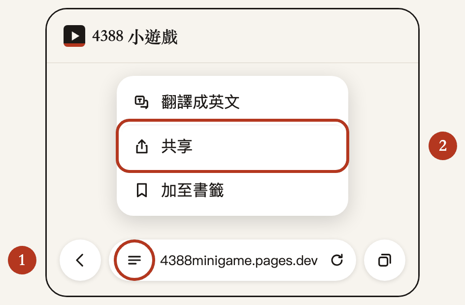 Safari 網址列左邊的「≡」按鈕，以及選單中的「共享」